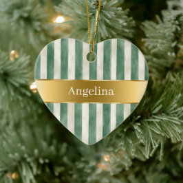 Adorno De Cerámica Navidad Cinta Dorada Rayas Blancas Crema Verde