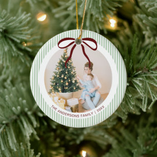 Adorno De Cerámica Navidad Clásica Rayas Verdes Lazo Rojo