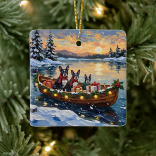 Adorno De Cerámica Navidad con barco de Boston Terrier