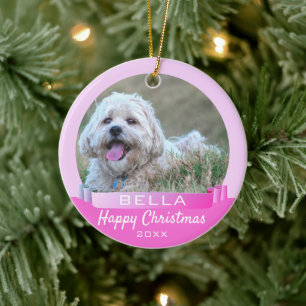 Adorno De Cerámica Navidad con foto de perro o mascota con cinta rosa