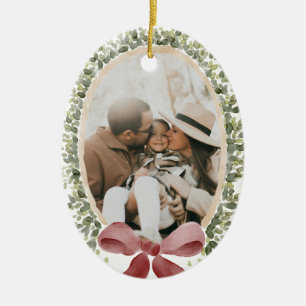 Adorno De Cerámica Navidad con foto familiar de arco rojo vintage ele