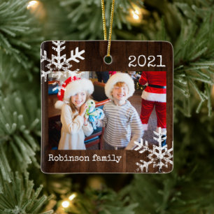 Adorno De Cerámica Navidad con foto familiar en madera rústica