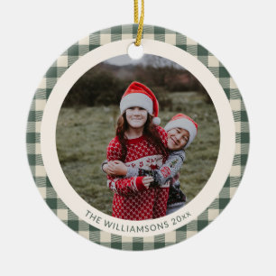 Adorno De Cerámica Navidad con foto rústica a cuadros verde bosque pe