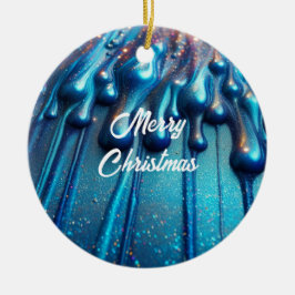 Adorno De Cerámica Navidad con gotas de líquido irisado azul