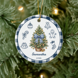 Adorno De Cerámica Navidad con Lazo de Cuadros Azul Marino Personaliz