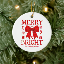 Adorno De Cerámica Navidad con lazo de gingham rojo Merry & Bright