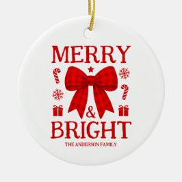 Adorno De Cerámica Navidad con lazo de gingham rojo Merry & Bright
