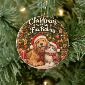 Adorno De Cerámica Navidad con mis bebés de pelaje gato y perro