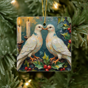 Adorno De Cerámica Navidad con Palomas Blancas Vintage y Guirnalda de