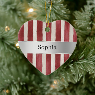 Adorno De Cerámica Navidad con rayas blancas crema rojas y cinta plat