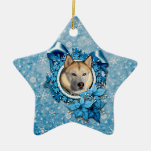 Adorno De Cerámica Navidad - copos de nieve azules - husky siberiano