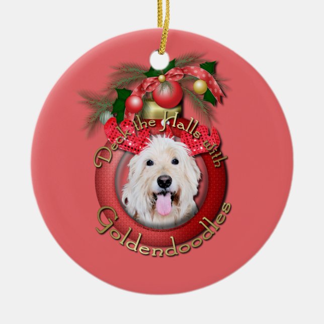 Adorno De Cerámica Navidad - cubierta los pasillos - GoldenDoodles - (Frente)