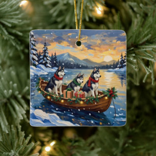 Adorno De Cerámica Navidad de barco de Husky Siberiano festivo