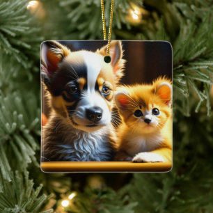 Adorno De Cerámica Navidad de cachorros y gatitos personalizados lind