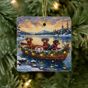Adorno De Cerámica Navidad de Dachshund en Barco