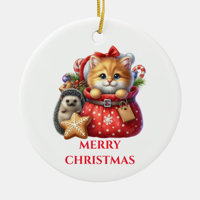 Adorno De Cerámica Navidad de Gatito Adorable y Erizo (Frente)