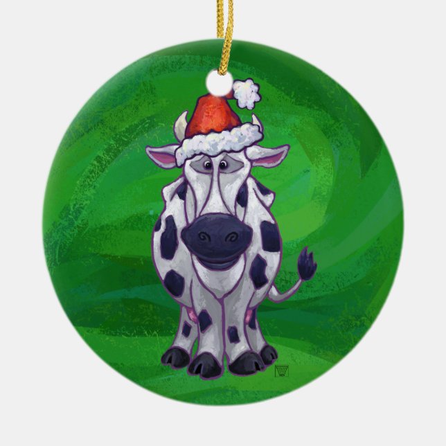 Adorno De Cerámica Navidad de la vaca en verde (Frente)