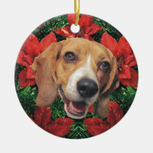 Adorno De Cerámica Navidad de los Poinsettias del beagle