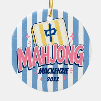 Adorno De Cerámica Navidad de Mahjong con Rayas Azules