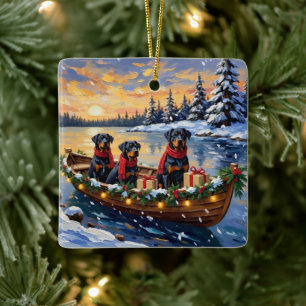 Adorno De Cerámica Navidad de Rottweiler en Barco Fiesta