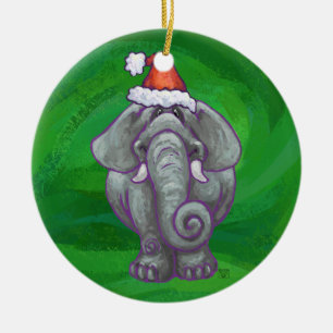 Adorno De Cerámica Navidad del elefante en verde