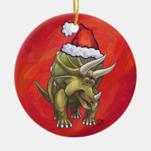 Adorno De Cerámica Navidad del Triceratops en rojo