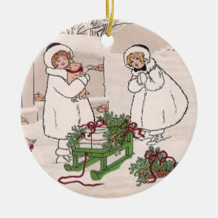 Adorno De Cerámica Navidad del vintage de los chicas y de los cerdos