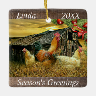 Adorno De Cerámica Navidad En El Gallinero De Gallos Y Gallinas