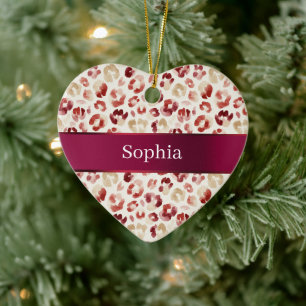 Adorno De Cerámica Navidad Estampado Animal Leopardo Crema Rojo