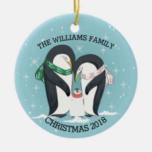 Adorno De Cerámica Navidad Familia Personalizada De 3 Pingüinos