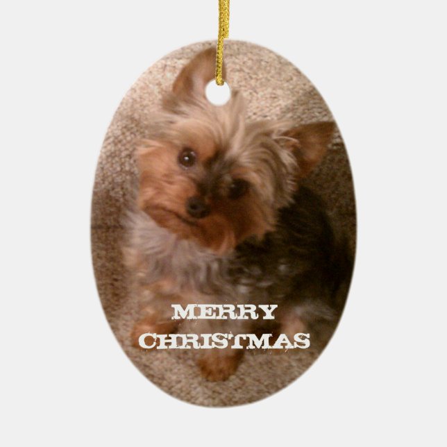 Adorno De Cerámica Navidad Felices de un Yorkie (Frente)