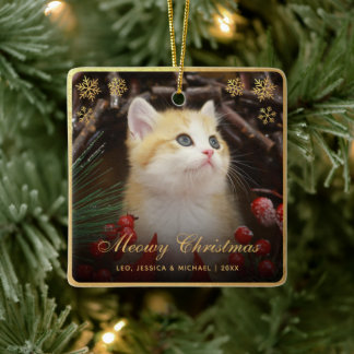 Adorno De Cerámica Navidad Felina Gato Bonito Foto con Hoja Dorada Fa