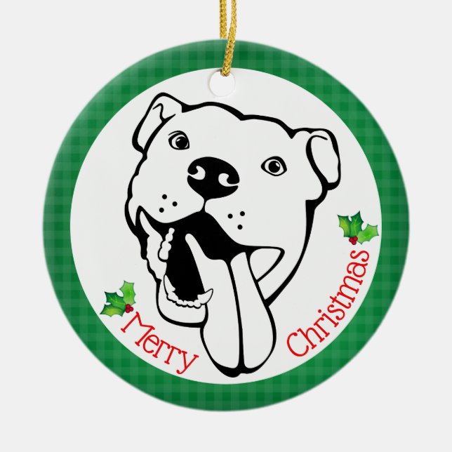 Adorno De Cerámica Navidad feliz personalizado del pitbull (Frente)