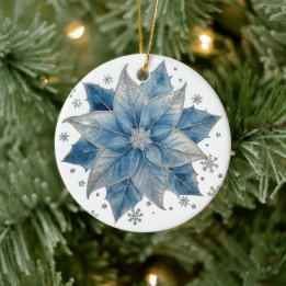 Adorno De Cerámica Navidad Flor de Pascua Azul y Plateada Moderna