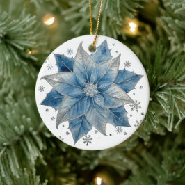 Adorno De Cerámica Navidad Flor de Pascua Azul y Plateada Moderna