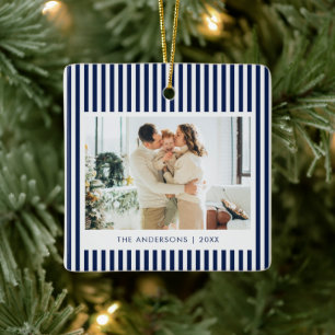 Adorno De Cerámica Navidad Foto Personalizada con Rayas Azules Modern