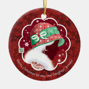 Adorno De Cerámica Navidad, hija, chica en gorra rojo