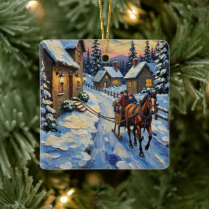 Adorno De Cerámica Navidad Invernal con Caballo y Trineo Antiguos