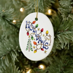 Adorno De Cerámica Navidad linda, luces y estrellas con texto de vaca