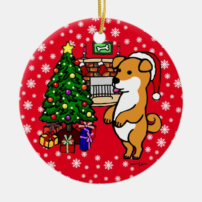 Adorno De Cerámica Navidad lindo personalizado del perrito de Shiba (Frente)