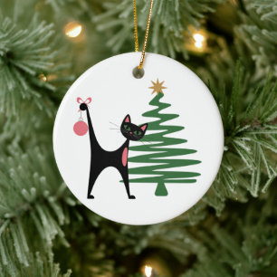 Adorno De Cerámica Navidad Moderna de Mitad de Siglo Años 50 Gato Ató