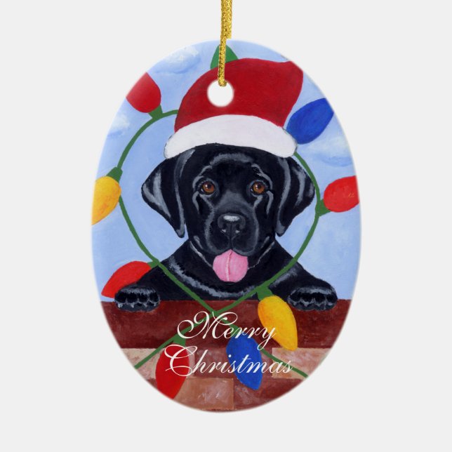 Adorno De Cerámica Navidad negro muy lindo del perrito de Labrador (Frente)