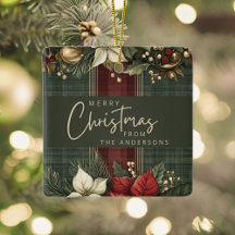 Navidad Nombre de Familia Plaid Borgoña Poinsettia