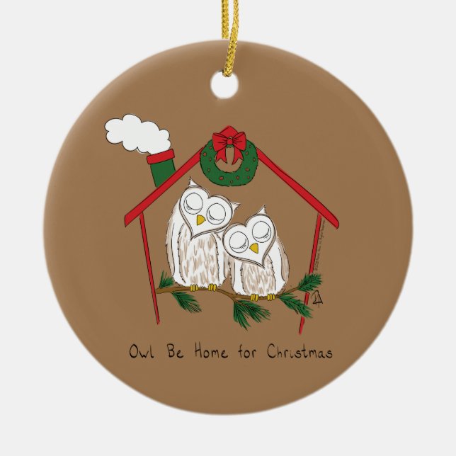 Adorno De Cerámica Navidad Owl Be Home Cute (Frente)