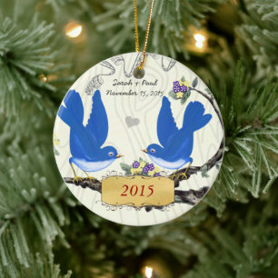 Adorno De Cerámica Navidad Pájaros Azules Antiguos sobre Grano de Mad