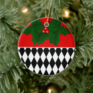 Adorno De Cerámica Navidad Patrón de Arlequín Rojo y Negro 