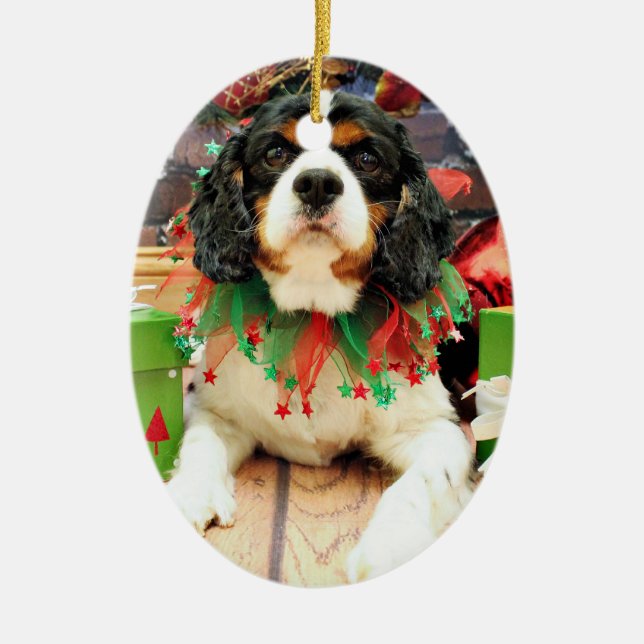 Adorno De Cerámica Navidad - perro de aguas de rey Charles arrogante (Frente)