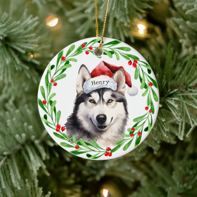 Adorno De Cerámica Navidad Perro Siberian Husky Santa Hat vacaciones (Árbol)