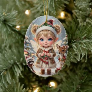 Adorno De Cerámica Navidad Personalizada de Chibi Bosque Encantado pa