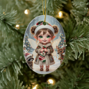 Adorno De Cerámica Navidad Personalizada de Chibi Bosque Encantado pa